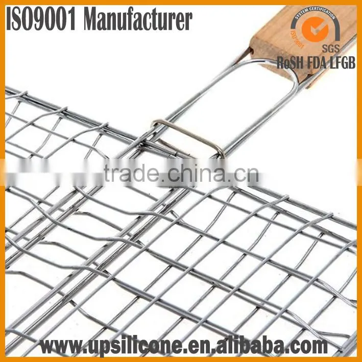 Non-Stick BBQ Fish Grilling Basket / Grill Stainless Steel Wire Mesh/BBQ Grill Mesh With Wooden Handle/Grill Lattice