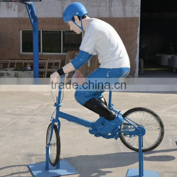 Outdoor FRP man with bicycle statue