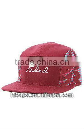 Red floral 5 panel custom printed flat brim cap