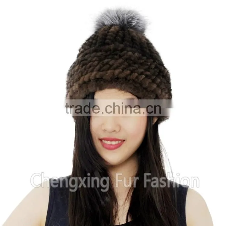 CX-C-239R Spring/Winter Lady Mink Fur Knitted Hat With Genuine Fox Fur Pom Poms