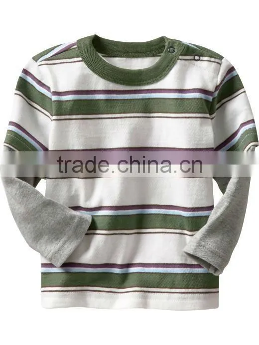 BOYS STRIPED T SHIRT WITH CONTRAST LONG SLEEVES AND SNAP OPENING AT SHOULDERS