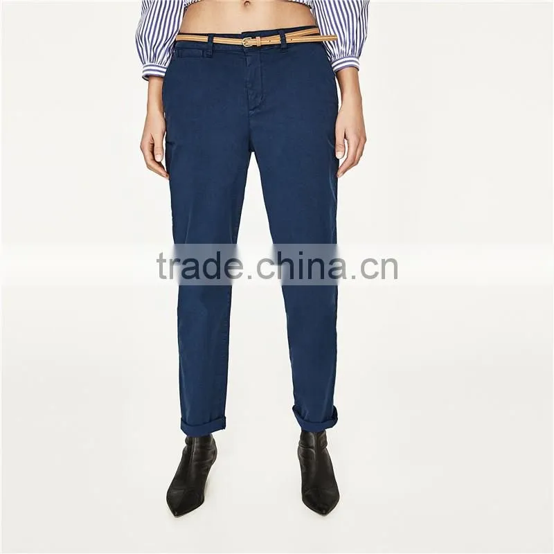 2017 Guangdong spring ladies navy chinos designer pants with belt