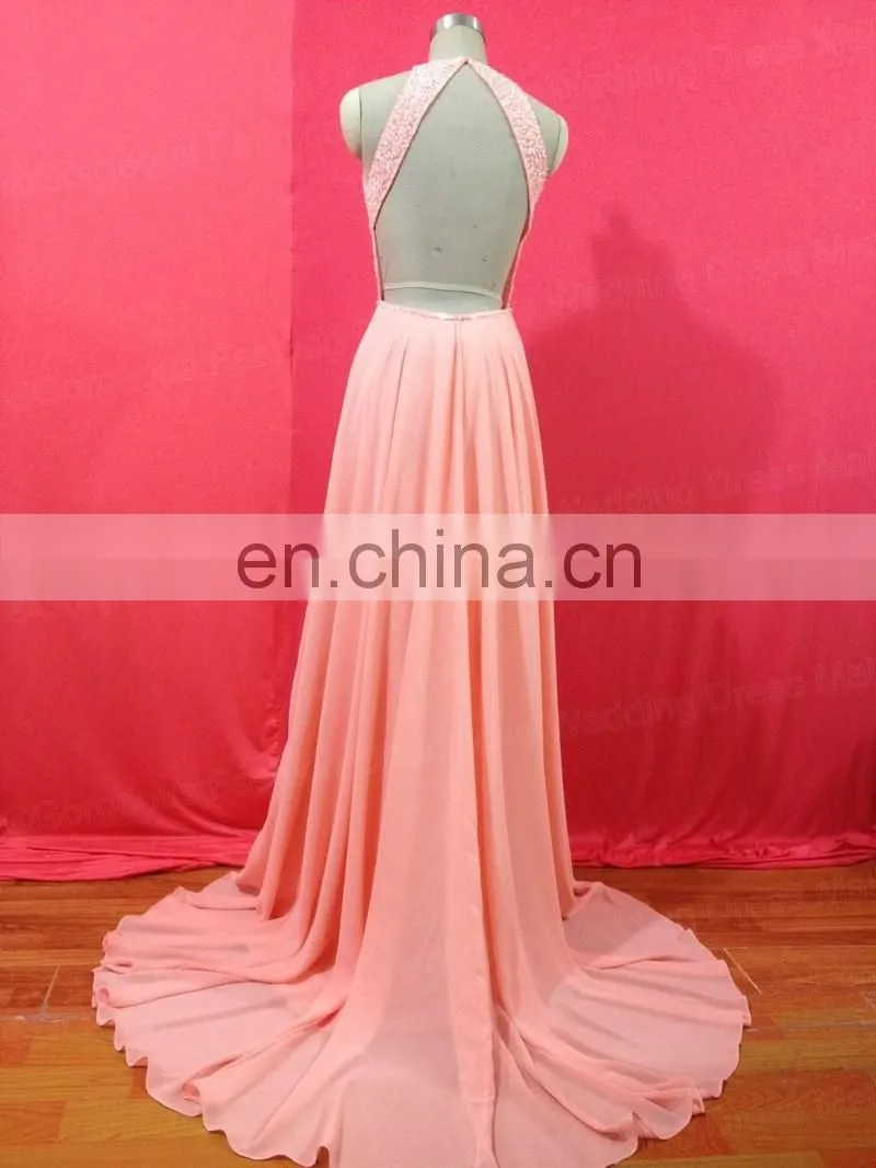 Halter A-line Vestido Longo De Festa Robe De Soiree 2016 Luxury Beaded Crystals Chiffon Long Evening Gowns Backless Prom Dresses