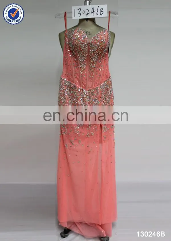 latest made in China beaded sexy split factory wholesale evening dress