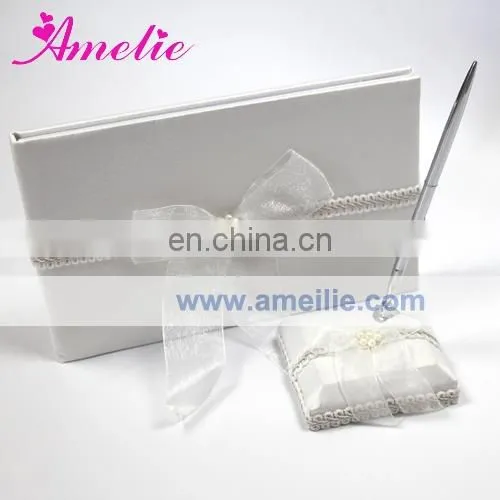 A8125 Stock Market Ivory Color With Ribbon Pearl Wedding Guestbook and Pen Set