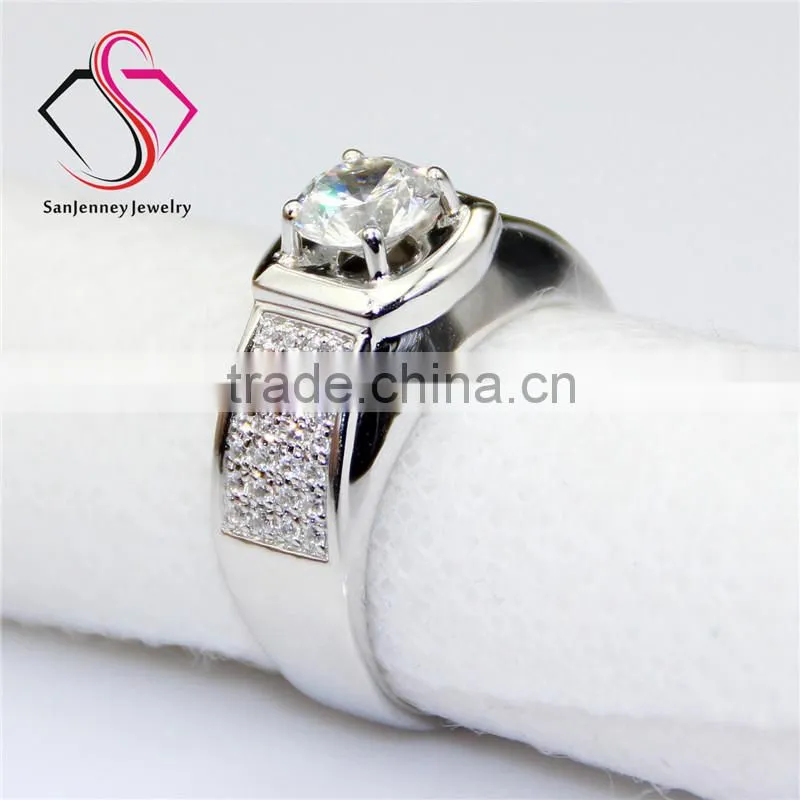 Round Brilliant Cut Moissanite 1CT 6.5mm Center 14k 18k White Gold 4 Row Accents Wide Wedding Band Men's Diamond Band