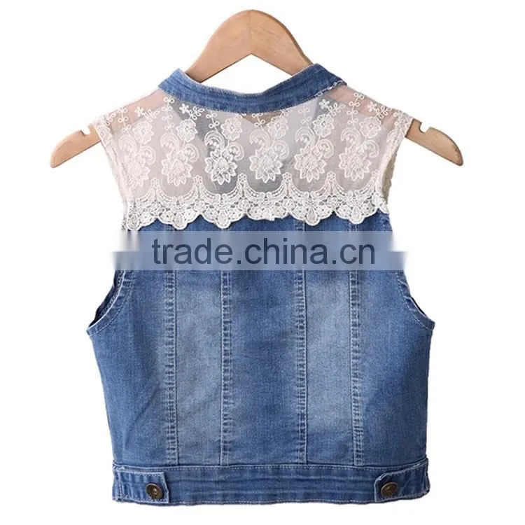 OEM Design off-shoulder sleeveless coat blue and white color jeans lace Custom denim outdoor life women jacket for denim jacket