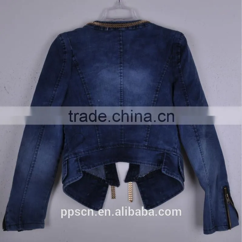 2015 new arrival fashion high quality women denim jacket ,zipper denim jacket leather sleeves wholesale China