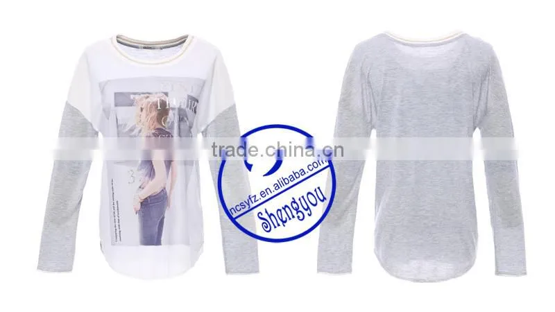2015 China supplier custom fashion long sleeve women printing t shirt wholesale