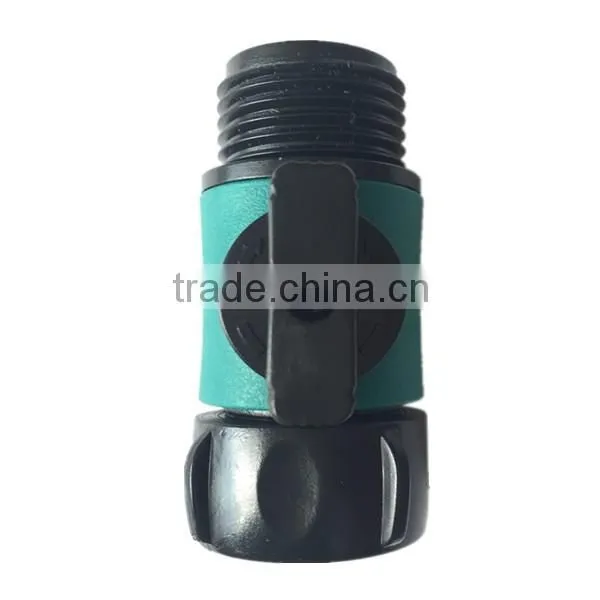 Plastic 3/4" single swivel hose connector with shut-off valve