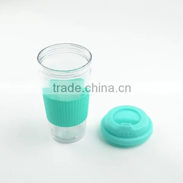 Double Wall PP Plastic Coffee Travel Mug With Silicon Band