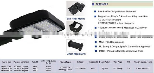 DLC/UL/cUL Certification and Cold White Color Temperature led parking lot lighting 120w China manufactory