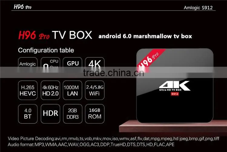 H96 pro Amlogic S912 64bit Octa-core Android 6.0 Smart TV Box with 2GB RAM 16GB ROM and 2.4G/5.8G Wifi Android TV Box
