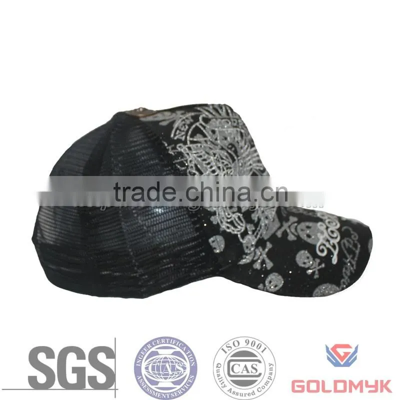 Skull Mesh Cap with silver thread embroidery ,Skull Trucker Hat and Cap