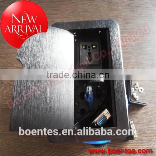 Aluminum flip up power and data outlet/desktop power outlets with multiple cables