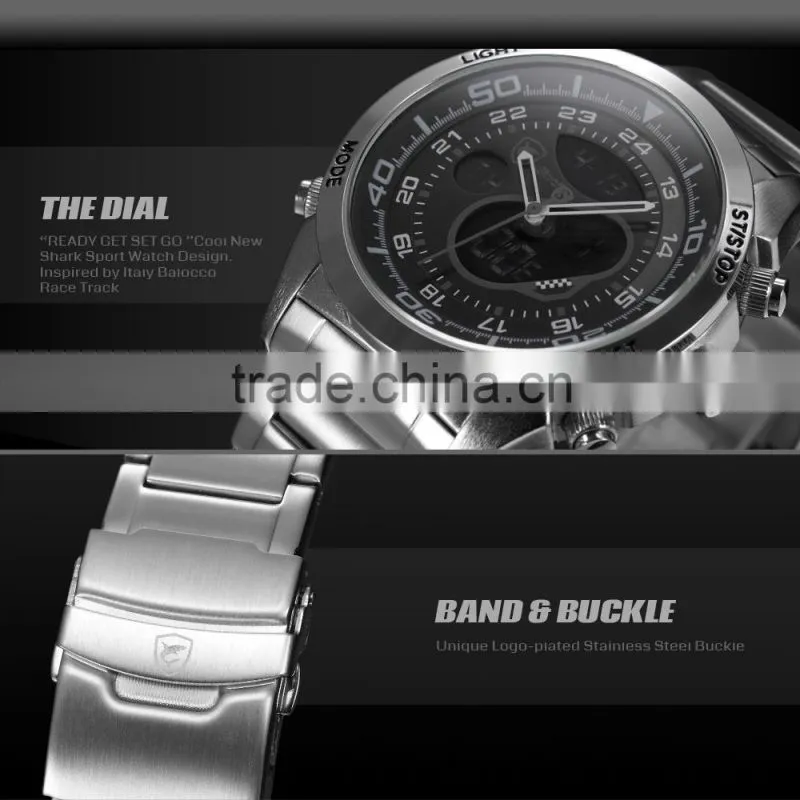 Shark Men Sport Brand New LED Analog Dual Time Zone Black Dial Japan Qaurtz Multifunction Movement Watch
