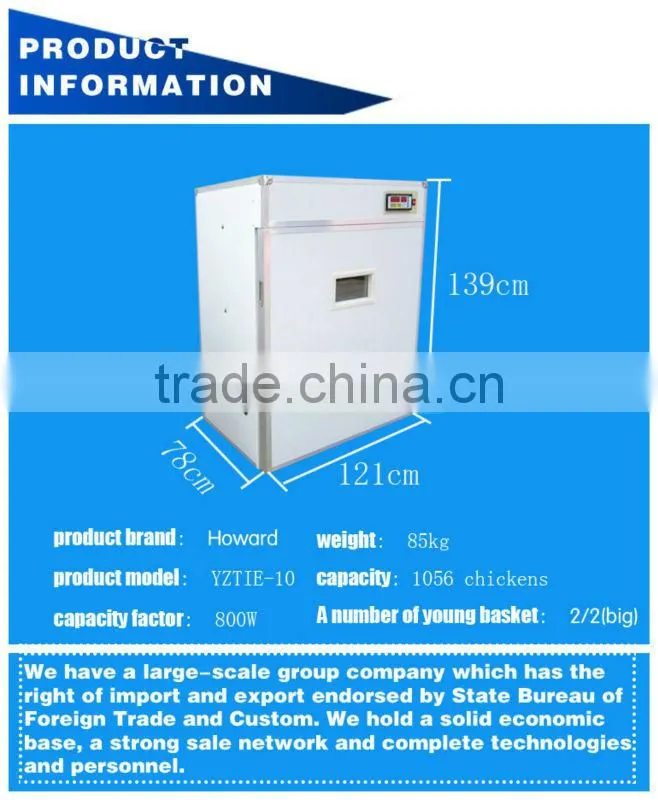 YZITE-10 HHD 1000 eggs CE approved incubator for egg in japan