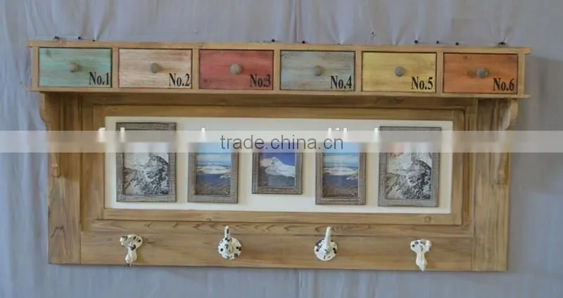 2016 new style antique wooden wall shelf drawers with ceramic hangers