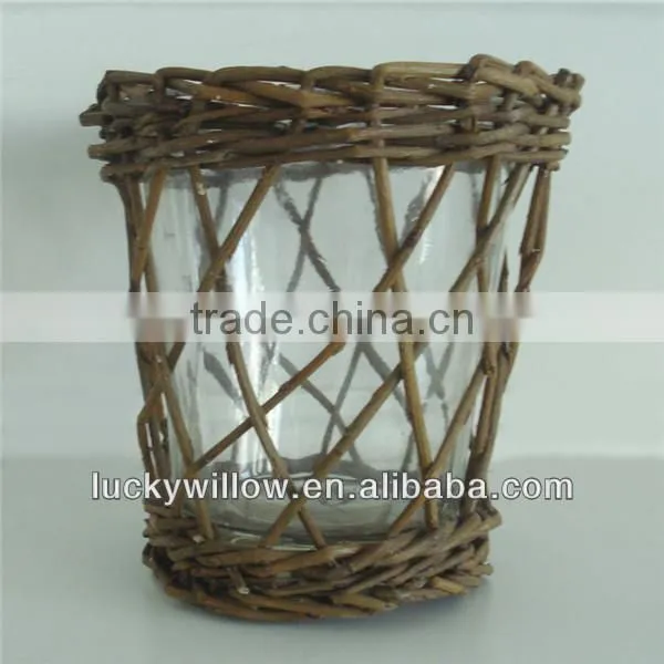 wholesale small round wicker basket with glass bottle candle holder