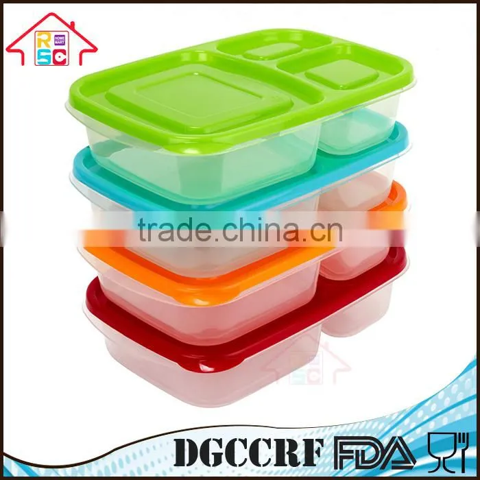 3 Compartment Containers Reusable Bento Lunch box & Divided Food Storage With Multi Colored Lids