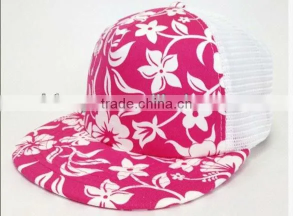2013 pattern floral pattern pink 100% cotton flat brim Hawaii 5 panel blank mesh caps baseball