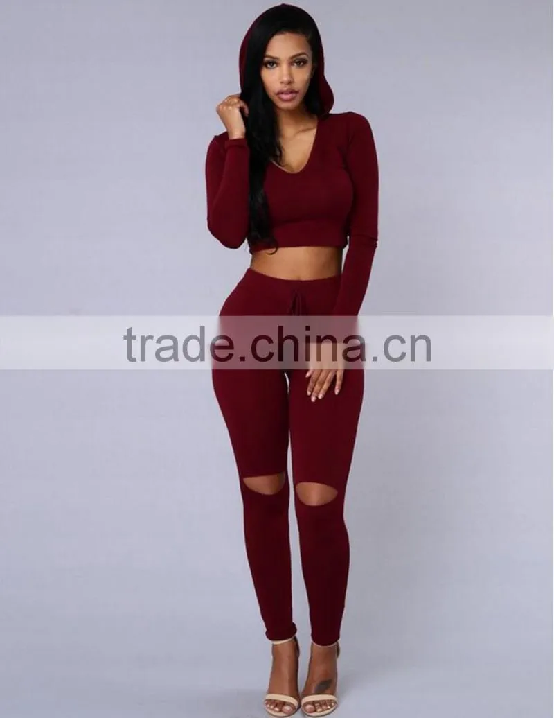 2016 New Women's Hole Crop Top Hoodie Set ,Christmas sweater ,2Pcs Plain Tracksuit Woman Active Hoodies Sweatshirt Tracksuits
