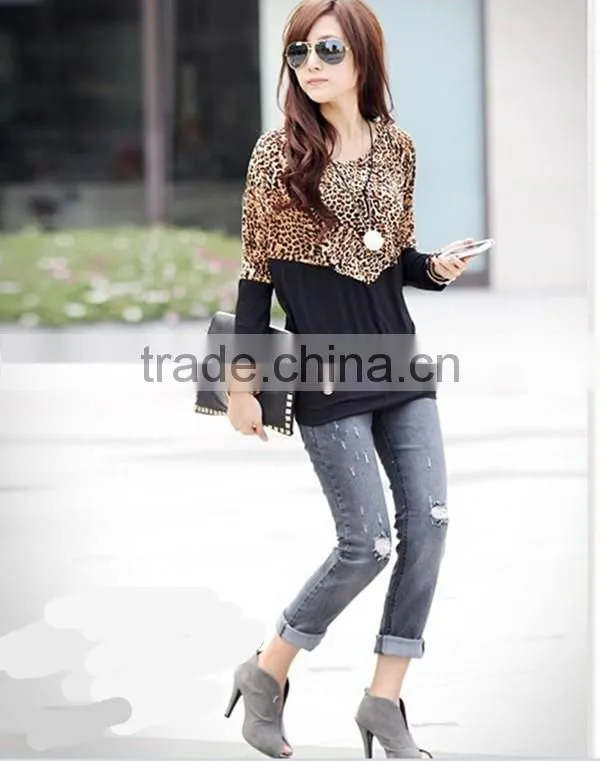 Spring free size new design korean style fashion cotton leopard stitching long sleeve apparel t shirt