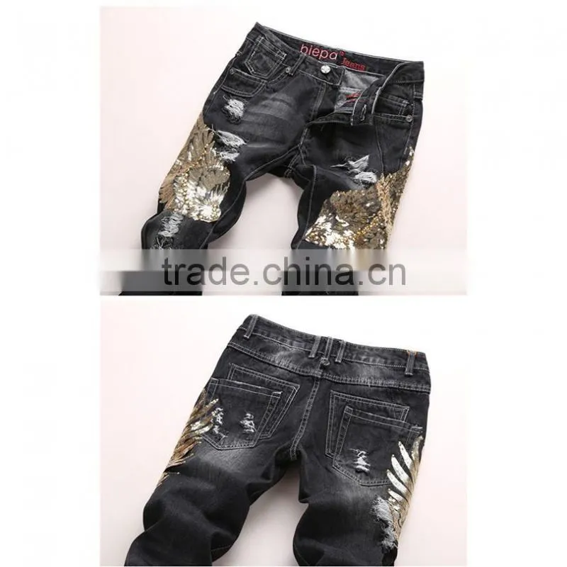 New Stytlish Men Sequin Gold Wings Slim Straight Trousers Ripped Frayed Jeans