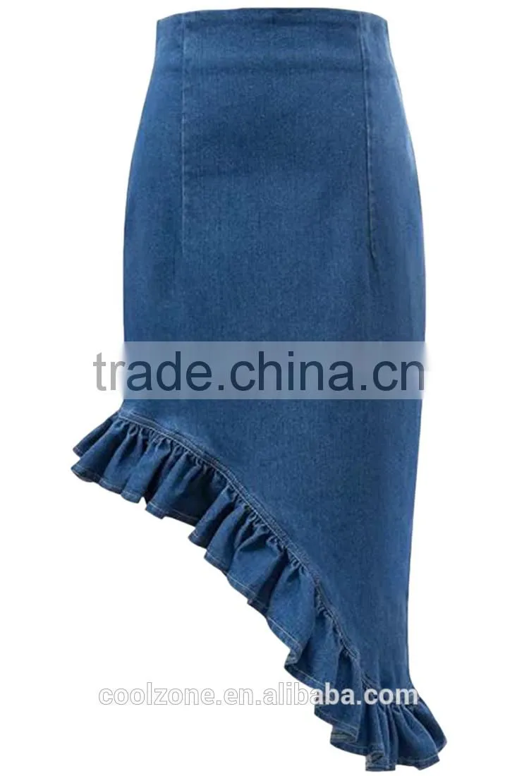 2015 New fashion Asymmetrical Ruffled Denim Pencil Mini Short Skirt
