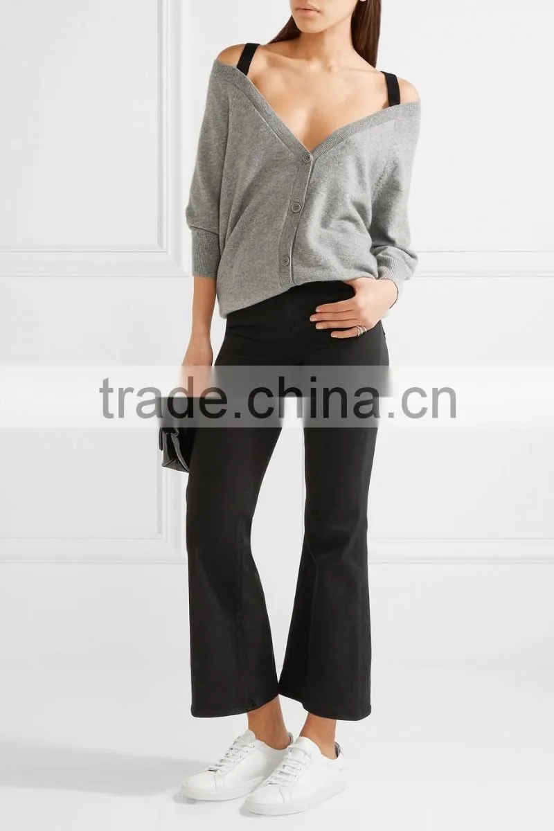 Custom Made Women Gray and Black Cashmere Off-Shoulder Cardigan with Black Shoulder Straps