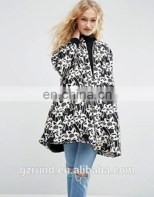 China Supplier Wholesale OEM ODM New Fashion Lady Winter Coat, Black and White Print Floral Satin A- Line Coat With Rib Detail