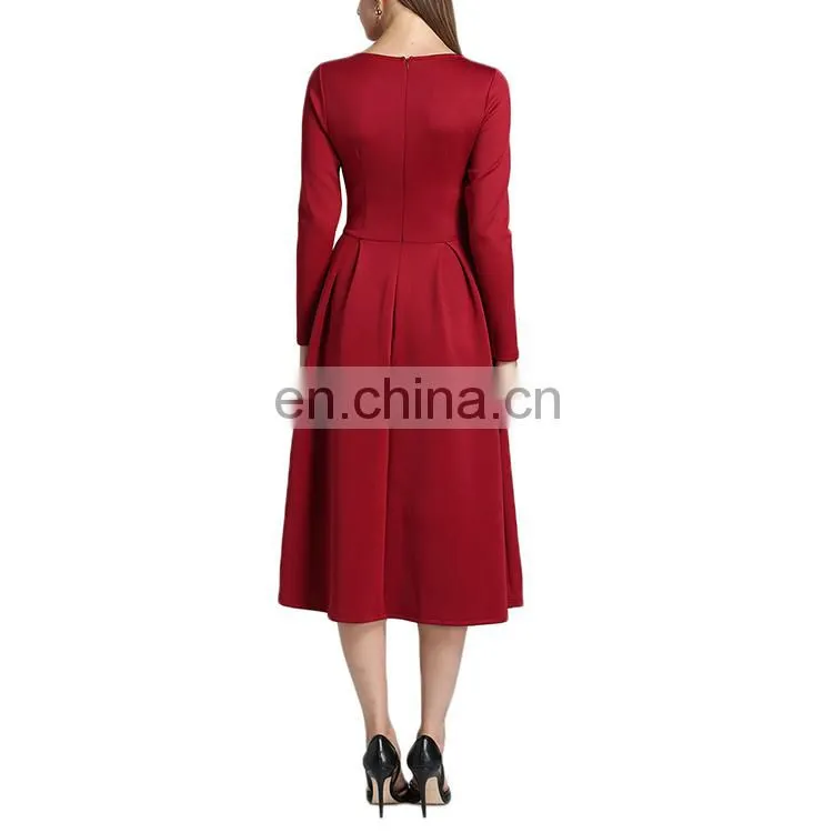 Latest Design Lady Casual Dress Red Fashion Long Sleeve Autumn Dress For Woman