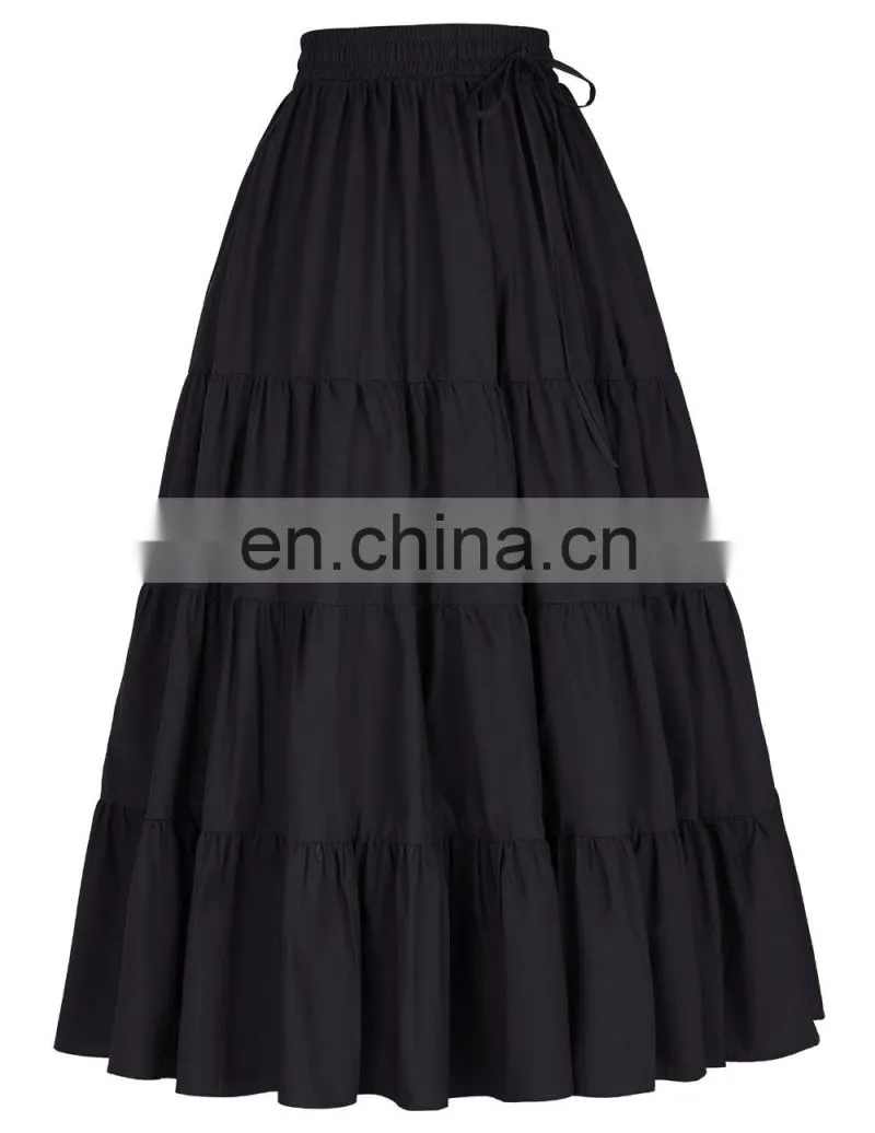 Belle Poque Women's Solid Black Color Wide Hem Cotton Maxi Skirt Long Skirt BP000207-1