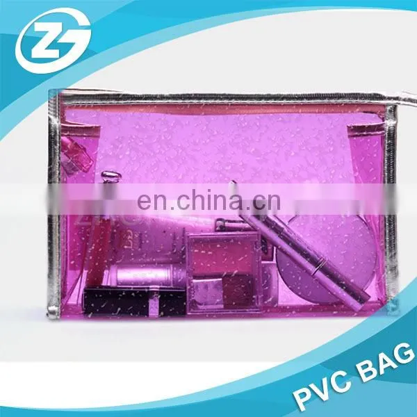 Water Proof PU Piping and Trim 0.3mm Clear PVC Zip Top Portable Cosmetic Bag for Promotion