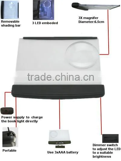 JAK HF4004A CE and RoHS certificated portable 3 LED book light with magnifier