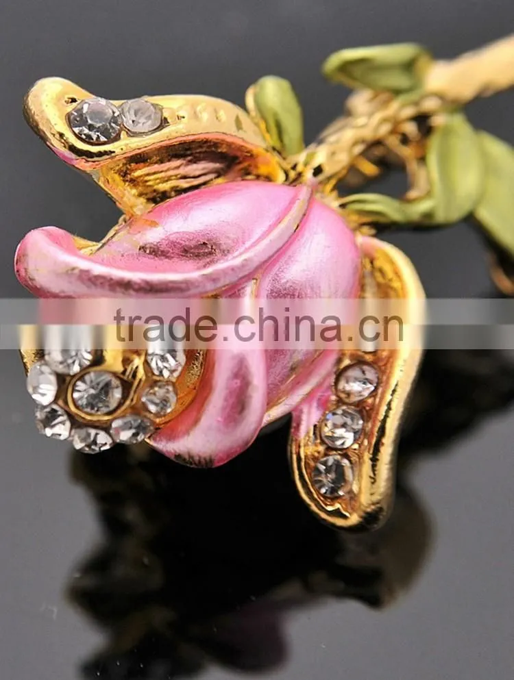 Fashion elegant pink rose crystal flower small scarf ring brooch