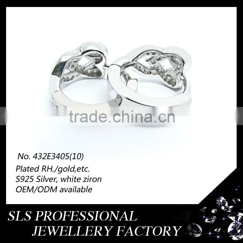 2015 Fashion double heart christmas sterling 925 silver rhodium plated huggie earrings for girls