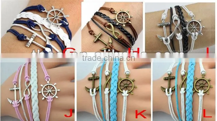 CB8172 pink wax rope anchor sliver leather bracelet wedding decoration