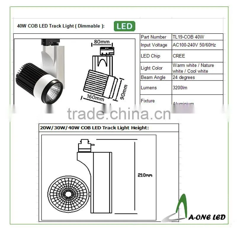 High Power cob 3 pin adjustable head dimmable 40w led track light made in China