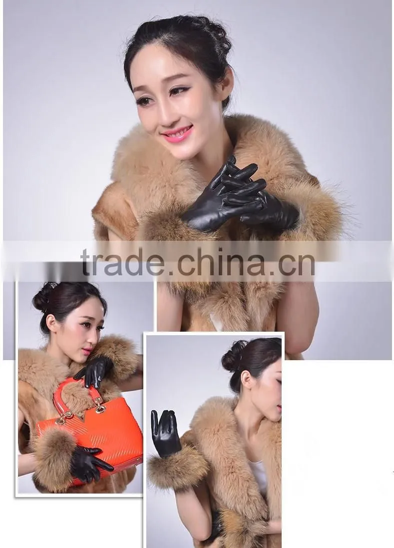 Women's Lambskin Leather Gloves with Plush Raccoon Fur Trim Super Warm