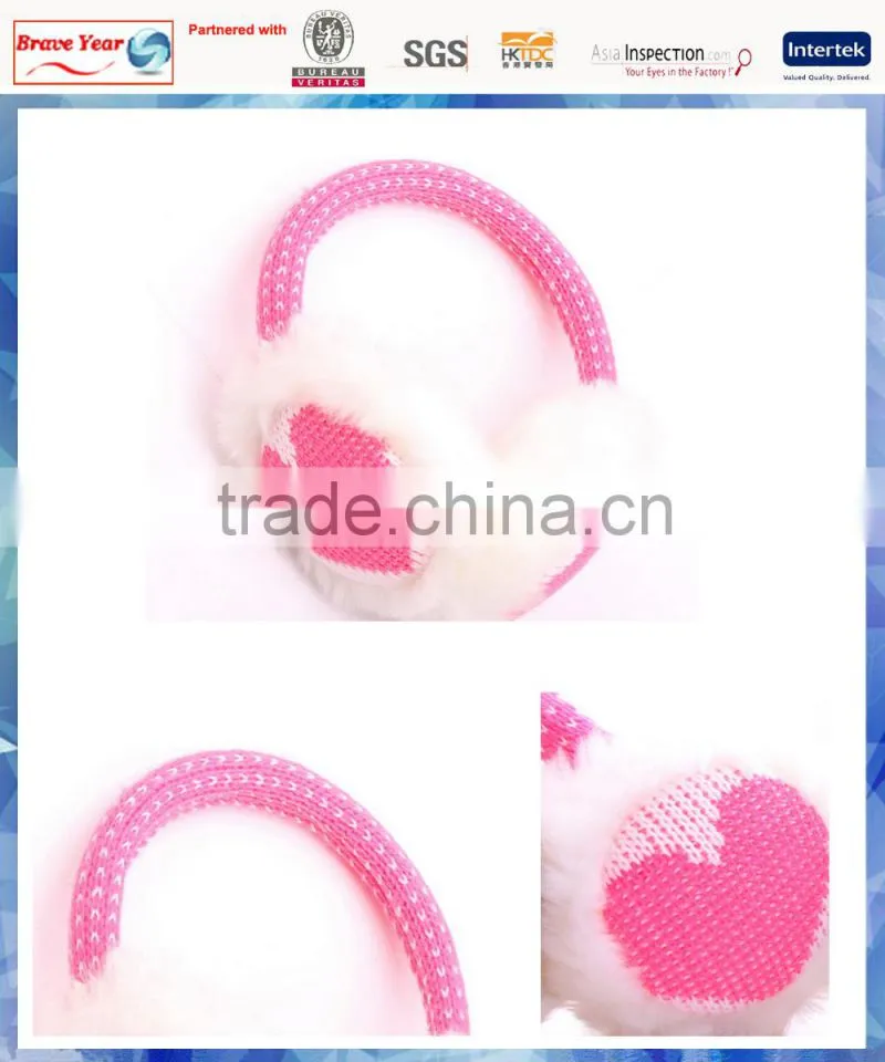 pink hear knitted girls winter earmuffs with fluffy lining