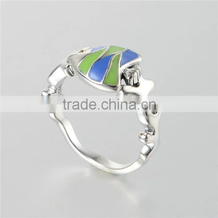 New Designer Adjustable Enamel Fish Shape Silver Ring With Rhinestone