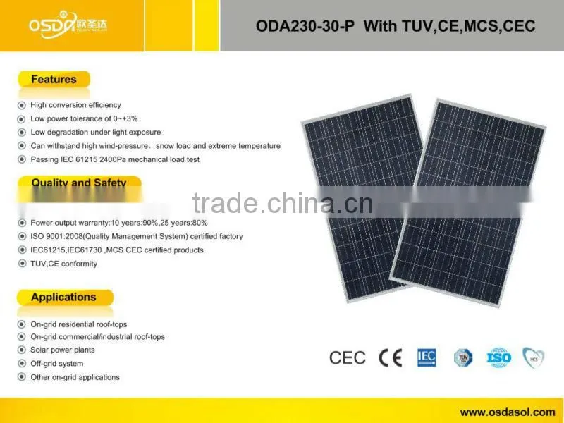 TUV MCS CEC certificated polycrystalline 230W solar panel