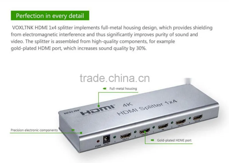 VOXLINK 4K HDMI splitter 1x4 (HDMI 1.4,HDCP1.4 ,4K,IR extension, EDID management, RS232) EU/US/UK/AU