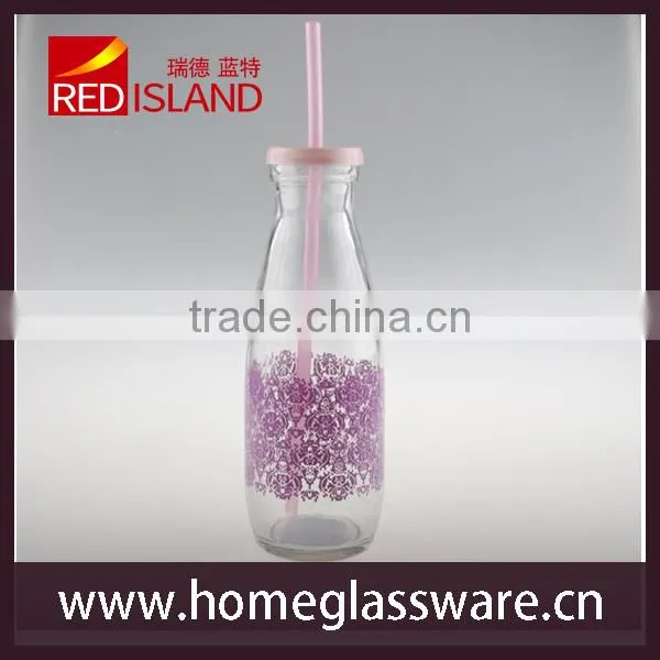 nice decal glass milk bottle glass juice bottle with plastic lid