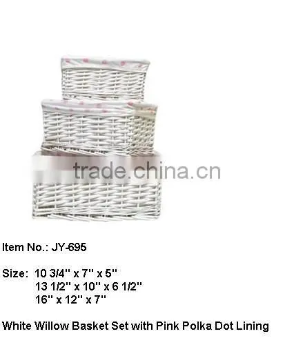 willow White rectangular wicker basket with Pink fabric Lining