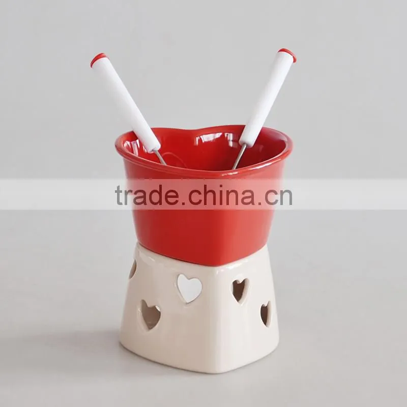Ceramic Fondue Set in Solid Color, Heart Shape Fondue Set with Forks