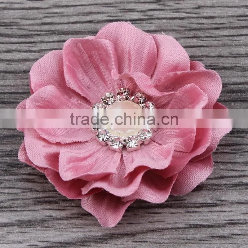 fabric flower with pearl rhinestone center for kids hair accessories