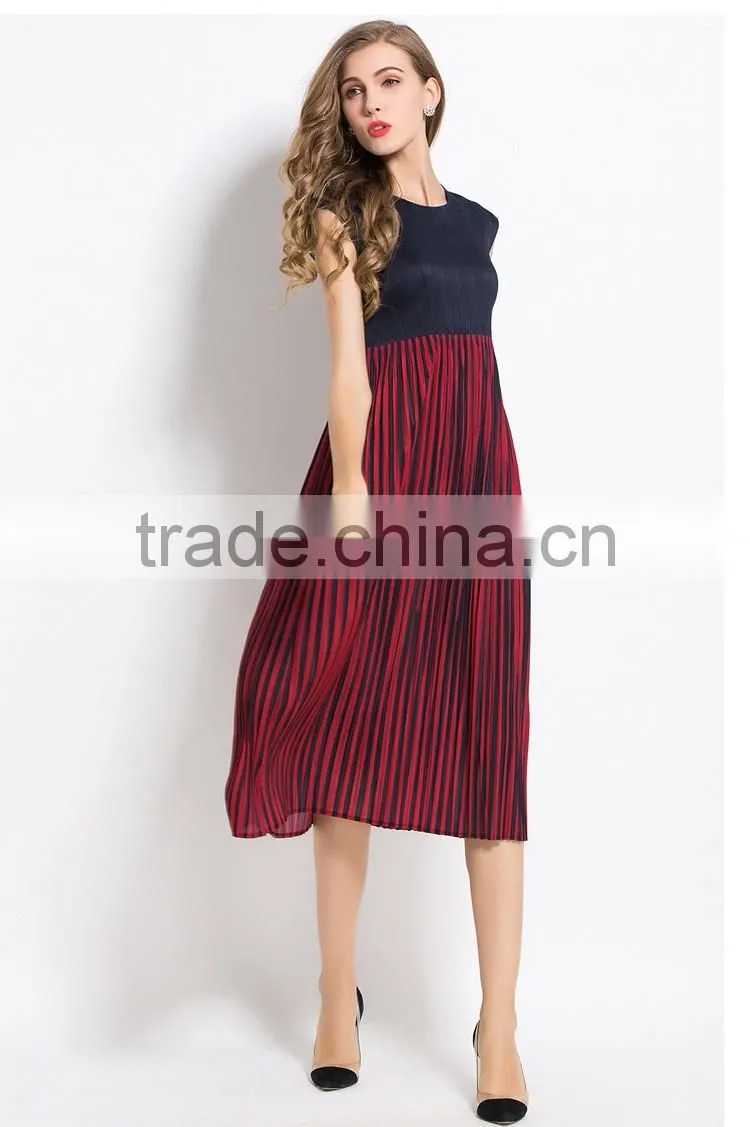 Summer colors splicing sleeveless wrinkled dress for women
