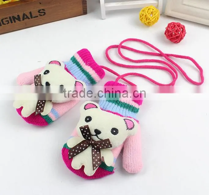 Winter baby children acrylic gloves boys and girls knitted warm cute hanging neck cartoon bear baby gloves
